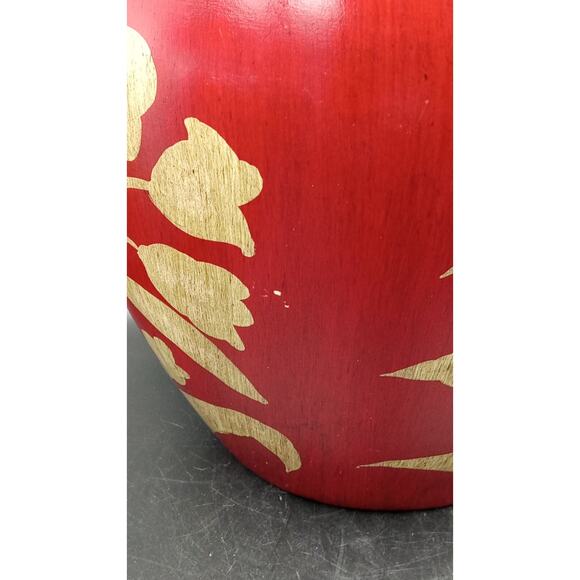 Beautiful Lg Red Vase With Cream Leaves and Flowers 10" - Picture 8 of 10